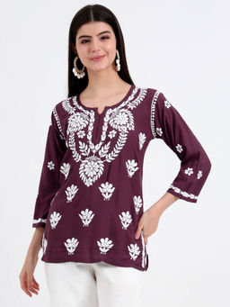 The Chikan Label - Maroon Hand Embroidered Lucknowi Chikankari Kurti