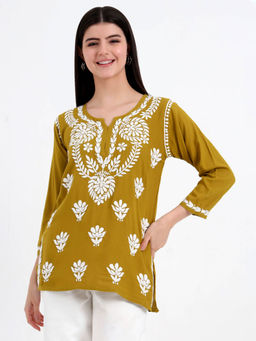 The Chikan Label - Mehendi Hand Embroidered Lucknowi Chikankari Kurti