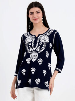 The Chikan Label - Navy Blue Hand Embroidered Lucknowi Chikankari Kurti