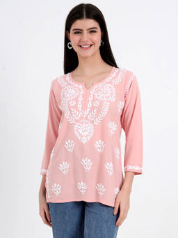 The Chikan Label - Peach Hand Embroidered Lucknowi Chikankari Kurti