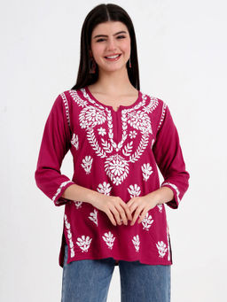 The Chikan Label - Rani Pink Hand Embroidered Lucknowi Chikankari Kurti
