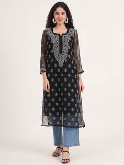 The Chikan Label - Black Women Embroidered Georgette Chikankari Kurta with Inner