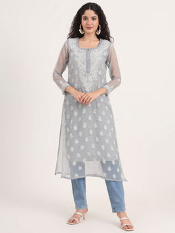 The Chikan Label - Grey Women Embroidered Georgette Chikankari Kurta with Inner