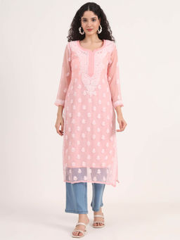 The Chikan Label - Peach Women Embroidered Georgette Chikankari Kurta with Inner