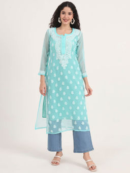 The Chikan Label - Green Women Embroidered Georgette Chikankari Kurta with Inner
