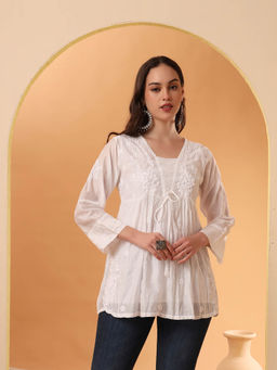 The Chikan Label - White Hand Embroidered Chanderi Chikankari Kurti