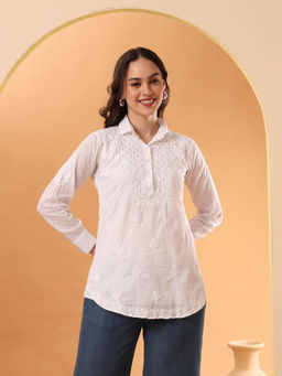 The Chikan Label - White Hand Embroidered Dobby Cotton Chikankari Tunic Shirt