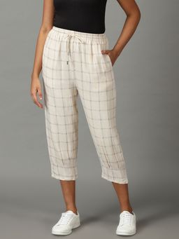 SHOWOFFFF - Women's High-rise Cream Checked Straight Fit Regular Trousers