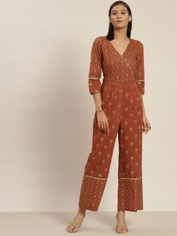 Jaipur Kurti - Pigment Print Cotton Rust Ethnic Jumpsuit with Angrakha Style Neckline
