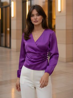Dora Dori - Purple Pleated Satin V-Neck Pearl Button Top