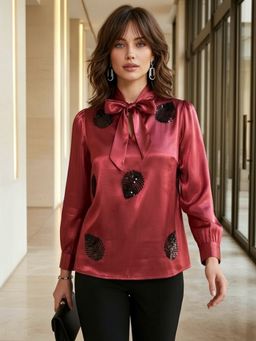 Dora Dori - Maroon Sheer Embellished Top with Tie Up Neck