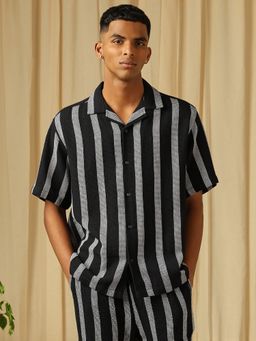 Mufti - Men Charcoal Stripes Loose Fit Shirt