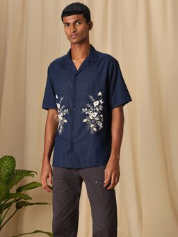 Mufti - Men Navy Blue Embroidered Loose Fit Shirt