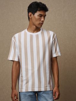 Mufti - Men Beige Stripes Loose Fit T-Shirt