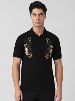 Mufti - Men Black Embroidered Slim Fit Polo T-Shirt