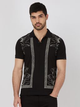 Mufti - Men Black Graphic Slim Fit Polo T-Shirt