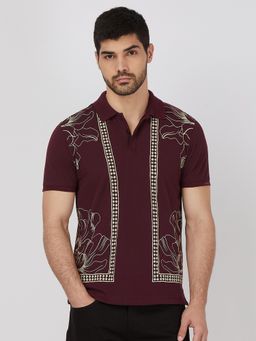 Mufti - Men Maroon Graphic Slim Fit Polo T-Shirt