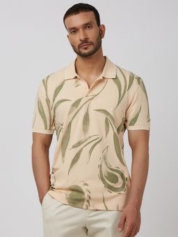Mufti - Men Beige Floral Slim Fit Polo T-Shirt