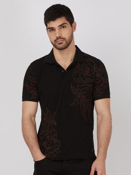 Mufti - Men Black Floral Slim Fit Polo T-Shirt