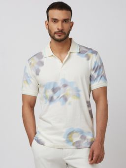 Mufti - Men Off White Abstract Slim Fit Polo T-Shirt