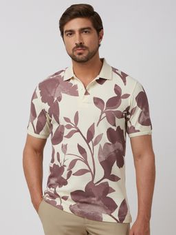 Mufti - Men Off White Floral Slim Fit Polo T-Shirt