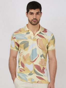 Mufti - Men Yellow Abstract Slim Fit Polo T-Shirt