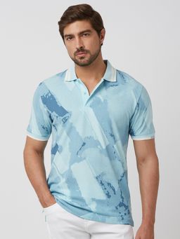Mufti - Men Blue Abstract Slim Fit Polo T-Shirt