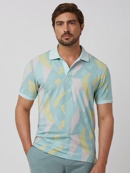 Mufti - Men Green Abstract Slim Fit Polo T-Shirt