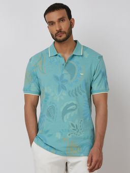 Mufti - Men Teal Paisley Slim Fit Polo T-Shirt