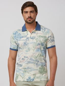 Mufti - Men Off White Printed Slim Fit Polo T-Shirt