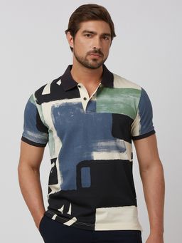 Mufti - Men Navy Blue Abstract Slim Fit Polo T-Shirt
