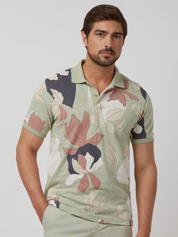 Mufti - Men Green Floral Slim Fit Polo T-Shirt