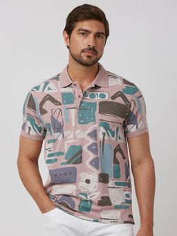 Mufti - Men Pink Abstract Slim Fit Polo T-Shirt