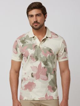 Mufti - Men Off White Floral Slim Fit Polo T-Shirt
