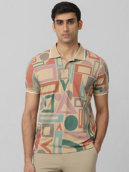Mufti - Men Beige Geometric Slim Fit Polo T-Shirt