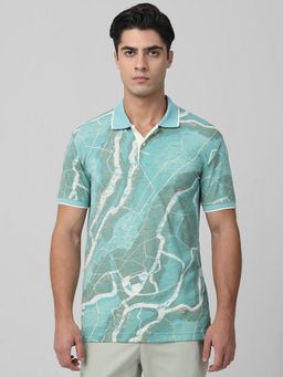 Mufti - Men Green Abstract Slim Fit Polo T-Shirt