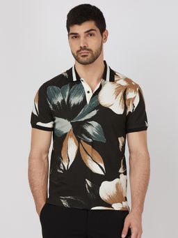 Mufti - Men Black Floral Slim Fit Polo T-Shirt