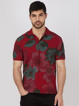 Mufti - Men Maroon Floral Slim Fit Polo T-Shirt