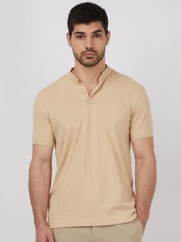 Mufti - Men Beige Solid Slim Fit T-Shirt