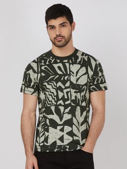 Mufti - Men Olive Abstract Slim Fit T-Shirt