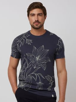 Mufti - Men Navy Blue Floral Slim Fit T-Shirt