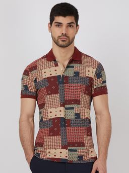 Mufti - Men Burgundy Printed Slim Fit Polo T-Shirt
