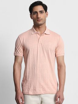 Mufti - Men Peach Textured Slim Fit Polo T-Shirt