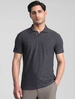 Mufti - Men Charcoal Textured Slim Fit Polo T-Shirt