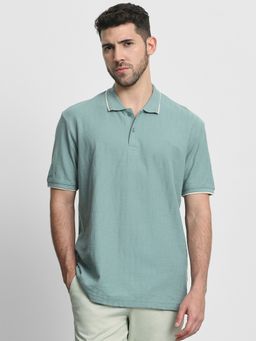Mufti - Men Green Textured Regular Fit Polo T-Shirt