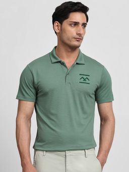 Mufti - Men Green Textured Slim Fit Polo T-Shirt