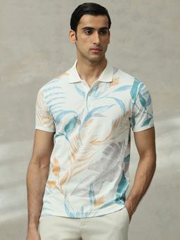 Mufti - Men Off White Floral Slim Fit Polo T-Shirt