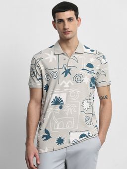 Mufti - Men Grey Printed Slim Fit Polo T-Shirt