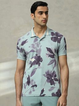Mufti - Men Blue Floral Slim Fit Polo T-Shirt