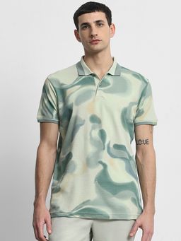 Mufti - Men Green Abstract Slim Fit Polo T-Shirt